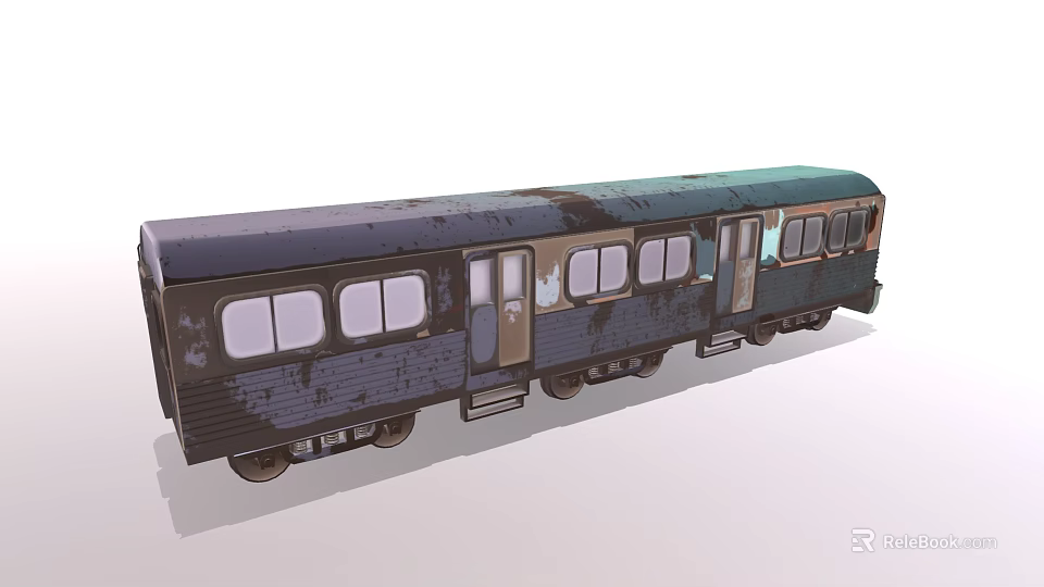 Rustic Blue Green Train Carriage With Multiple Windows And Wooden Doors 3d model 