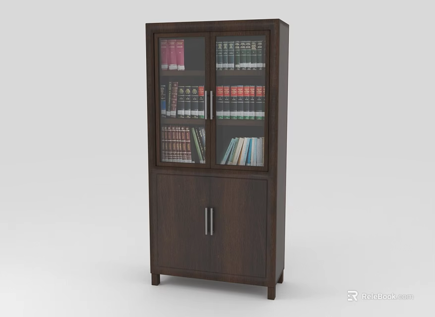 Dark Wood Bookcase Furniture With Glass Doors And Storage Shelves For Books 3d model 