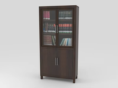 Dark Wood Bookcase Furniture With Glass Doors And Storage Shelves For Books 3d model