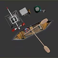 Modern Decorative Model Scene With Windmill Boat Small House Green Barrel And Paddle