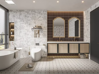 Modern Bathroom Interior Design With Double Vanity Mirrors Bathtub And Patterned Wall Tiles 3d model