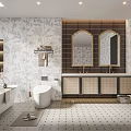Modern Bathroom Interior Design With Double Vanity Mirrors Bathtub And Patterned Wall Tiles
