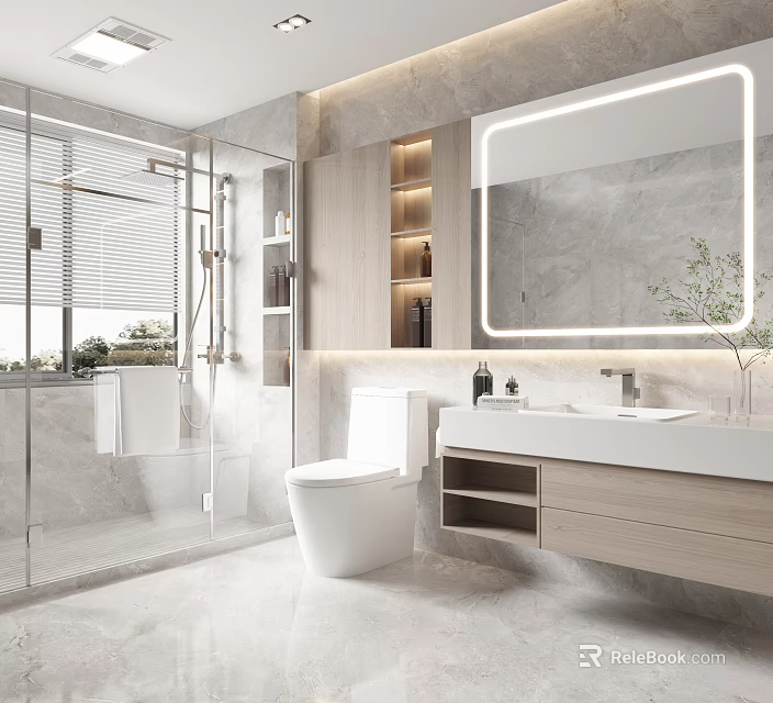 Modern Bathroom Interior Design With Glass Shower Enclosure White Toilet Marble Vanity And Backlit Mirror 3d model 