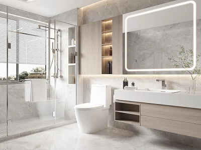Modern Bathroom Interior Design With Glass Shower Enclosure White Toilet Marble Vanity And Backlit Mirror 3d model