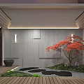 Serene Garden Courtyard With Wooden Deck Red Maple Tree And Stone Stepping Stones