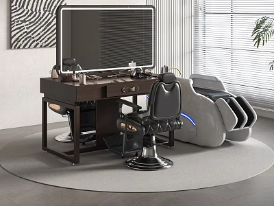 Modern Workspace Interior With Desk Monitor Barber Chair And Massage Chair 3d model