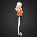 3D Character with White Hair Orange Shirt Blue Eyes Arms Outstretched Black Pants