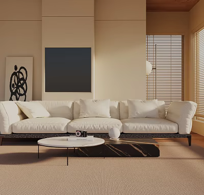 Modern Beige Three Seater Sofa Living Room With White Cushions And Marble Coffee Table 3d model