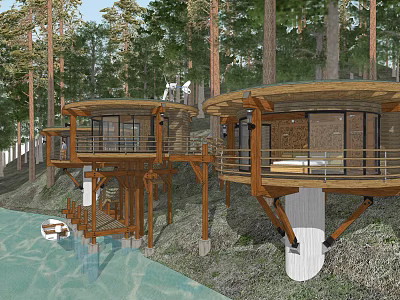 Wooden Circular Treehouse Guesthouse Over Water With Forest View And Balcony 3d model