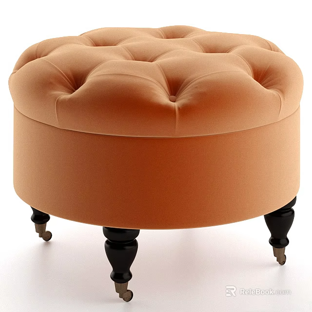 Round Orange Tufted Upholstered Stool With Black Legs And Casters 3d model 