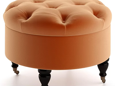 Round Orange Tufted Upholstered Stool With Black Legs And Casters 3d model