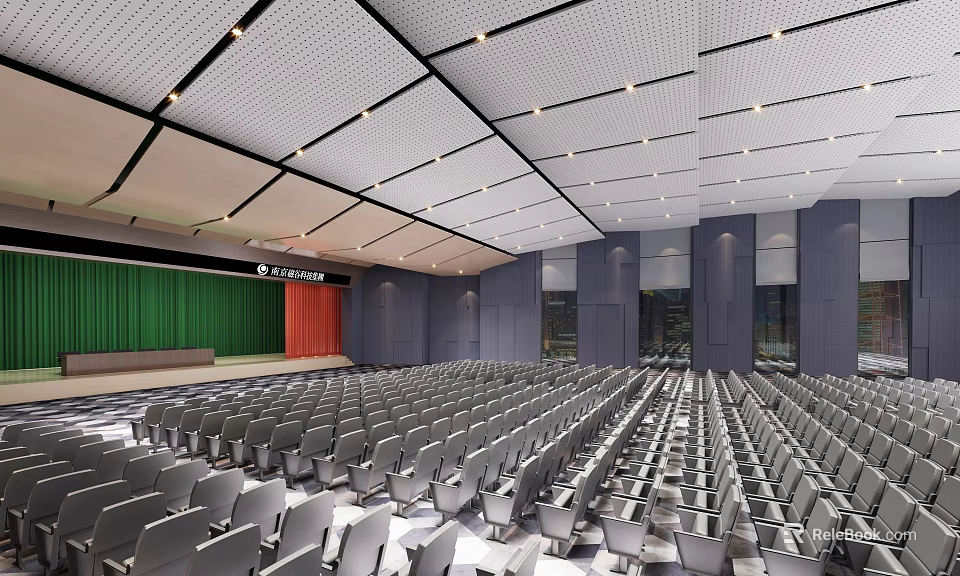 Spacious Conference Room With Arranged Gray Seats Green Red Curtains White Acoustic Ceiling Recessed Lighting 3d model 