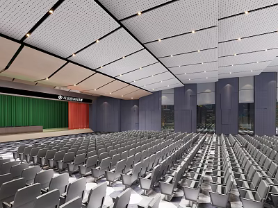 Spacious Conference Room With Arranged Gray Seats Green Red Curtains White Acoustic Ceiling Recessed Lighting 3d model