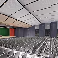 Spacious Conference Room With Arranged Gray Seats Green Red Curtains White Acoustic Ceiling Recessed Lighting