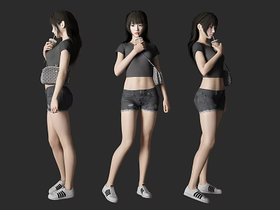 Woman Wearing Gray Short Sleeve Top Denim Shorts And Sneakers With Small Bag 3d model