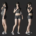 Woman Wearing Gray Short Sleeve Top Denim Shorts And Sneakers With Small Bag