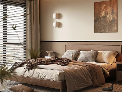 Cozy Modern Bedroom Interior With Wooden Bed Frame Pillows Wall Art Window Blinds And Curtains 3d model