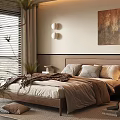 Cozy Modern Bedroom Interior With Wooden Bed Frame Pillows Wall Art Window Blinds And Curtains