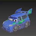 Vibrant Blue Cartoon Style Race Car With Expressive Eyes Roof Spoiler And Green Accents