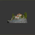 Cartoon Scene Featuring Circular Island Red Roof Houses Green Trees Blue Water and Paved Ground