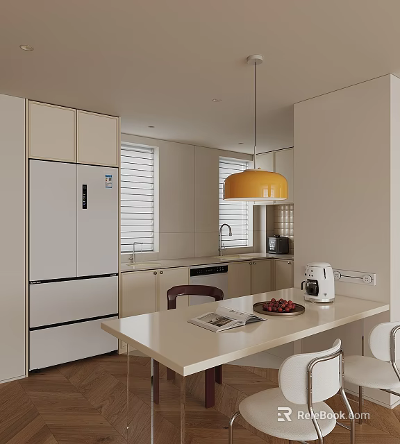 Modern Restaurant Interior With White Cabinets Yellow Pendant Light And White Dining Table 3d model 
