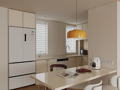 Modern Restaurant Interior With White Cabinets Yellow Pendant Light And White Dining Table 3d model