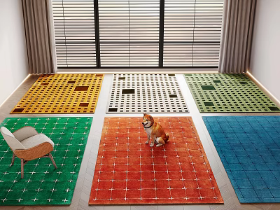 Colorful Square Rugs in Indoor Living Room with Dog and Chair Near Window Curtains 3d model