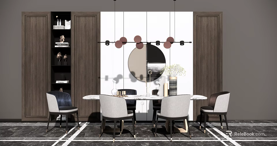 Modern Dining Table Set with White Tabletop Gray Chairs Round Mirror and Pendant Light 3d model