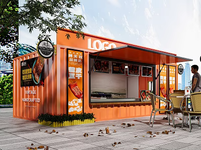 Orange Container Food Cart Display Window With Logo Food Display Outdoor Tables And Chairs 3d model