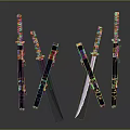 Traditional Japanese Swords With Red Purple Handles And Decorative Wraps In Crossed Upright Positions