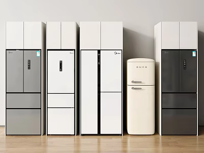 Various Colored Modern Refrigerators and Freezers Arranged Against Wall on Wooden Floor 3d model