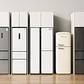 Various Colored Modern Refrigerators and Freezers Arranged Against Wall on Wooden Floor
