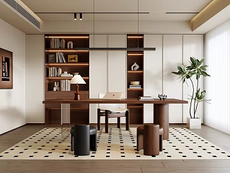Antique Study Modern Study Desk and Chair Combination Antique Hanging Painting Antique Bookcase Decorative Cabinet Antique Chandelier Antique Plant Stool 3d model
