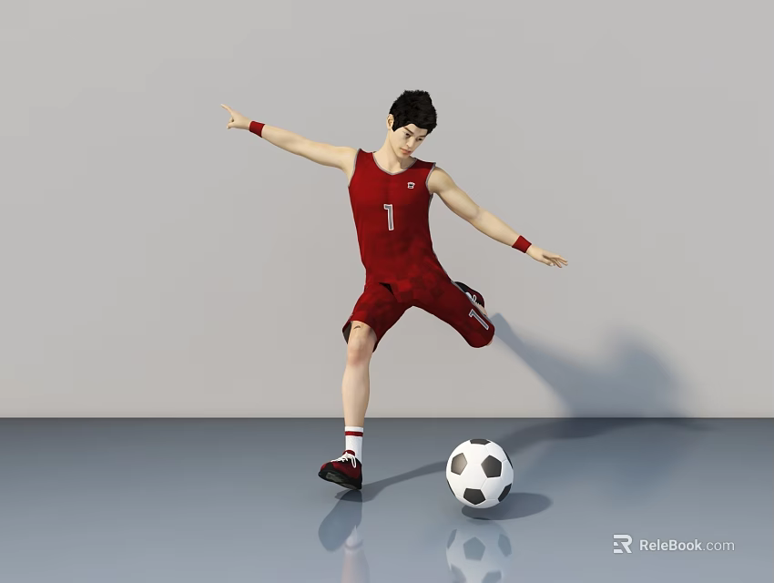 Man In Red Sportswear With Number 1 Kicking Soccer Ball In Dynamic Pose 3d model 