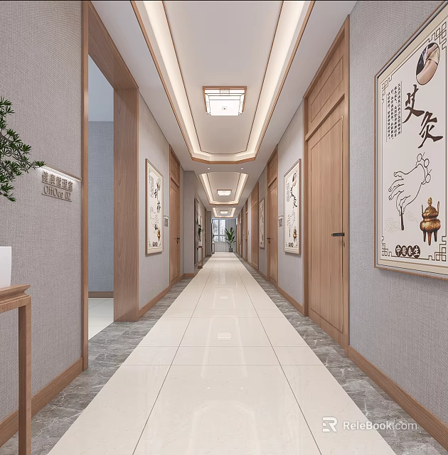 Hospital Outpatient Clinic Corridor With TCM Decor And Wooden Doors 3d model 