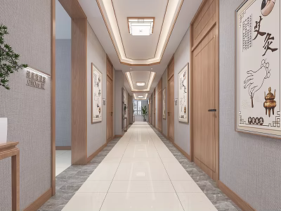 Hospital Outpatient Clinic Corridor With TCM Decor And Wooden Doors 3d model