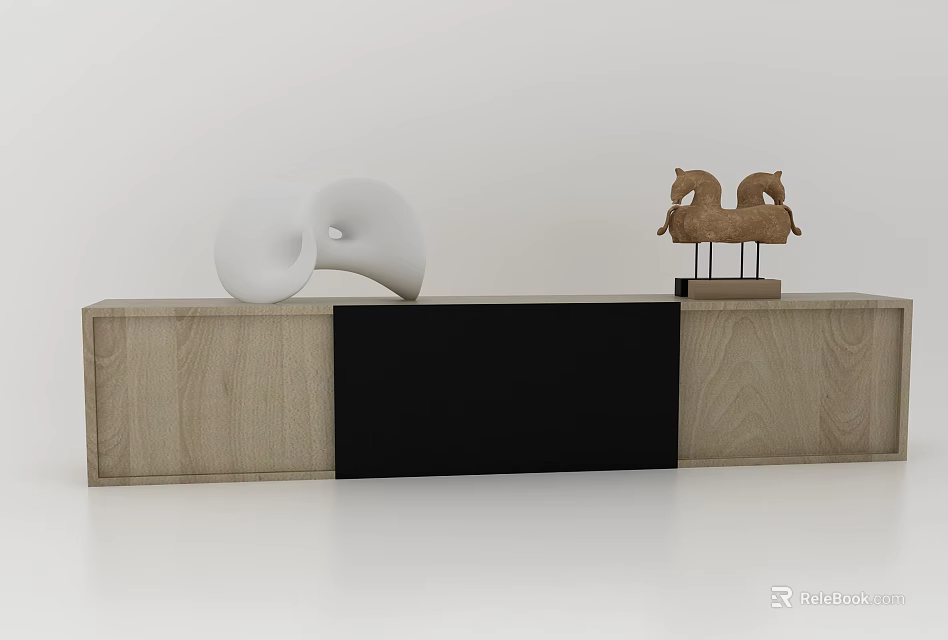 Wooden Decorative Cabinet Featuring Black Panel White Sculpture And Horse Figurines On Top 3d model 