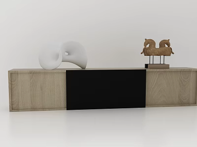 Wooden Decorative Cabinet Featuring Black Panel White Sculpture And Horse Figurines On Top 3d model