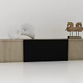 Wooden Decorative Cabinet Featuring Black Panel White Sculpture And Horse Figurines On Top