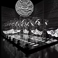 Futuristic Abstract Space Featuring Geometric Arches Suspended Rocks Steps And Circular Decor