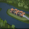 Riverside Boutique Guesthouse Building with Traditional Roofs Green Lawns and Trees