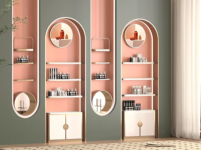 Modern Arched Pink Display Shelves with Circular Mirrors and Skincare Products Storage 3d model