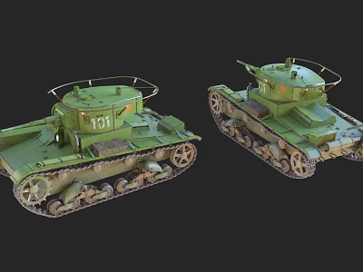 Two Old Green Military Tanks With Tracked Wheels And Turrets On Dark Background 3d model