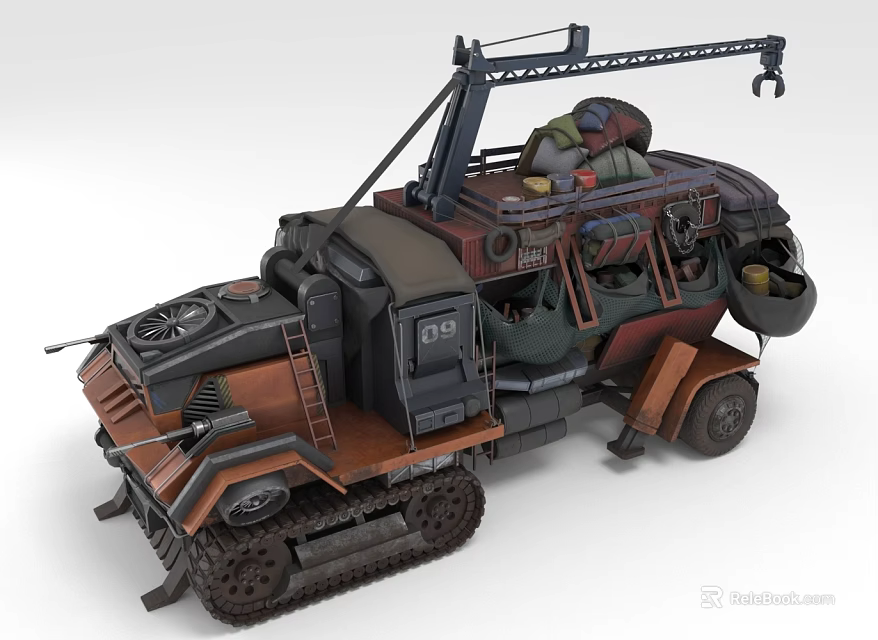 Heavy Duty Tracked Utility Vehicle With Roof Crane Loaded Cargo And Brown Black Off Road 3d model 
