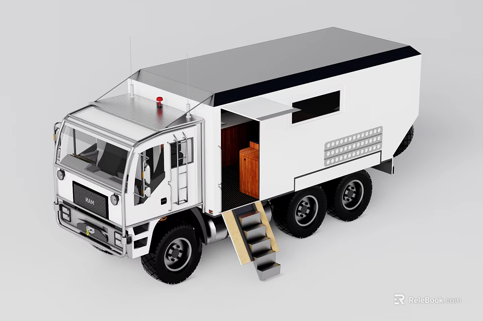 White Heavy Duty Truck Featuring Open Door Wooden Interior Staircase Red Warning Light On Roof 3d model 
