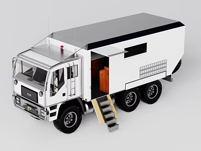 White Heavy Duty Truck Featuring Open Door Wooden Interior Staircase Red Warning Light On Roof 3d model