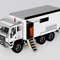 White Heavy Duty Truck Featuring Open Door Wooden Interior Staircase Red Warning Light On Roof