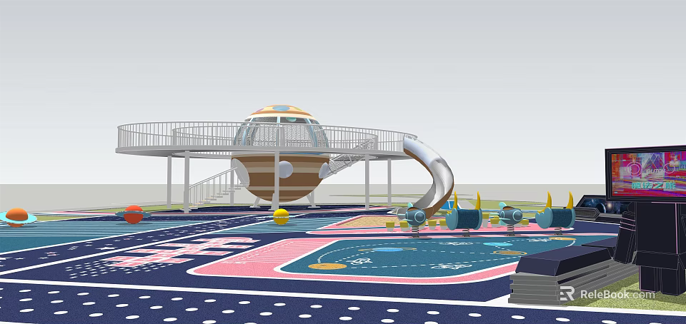 Kids Play Area Featuring Spherical Structure Spiral Slide And Colorful Interactive Play Surfaces 3d model 