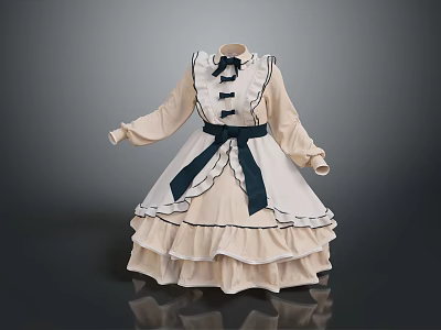 Beige Navy Blue Dress With Ruffled Skirt Black Bow Accents Stand Collar And Long Sleeves 3d model