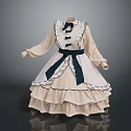 Beige Navy Blue Dress With Ruffled Skirt Black Bow Accents Stand Collar And Long Sleeves
